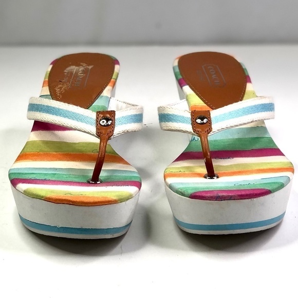 Coach Felicite wedge thong sandals stripes blue white 10 - Picture 5 of 13